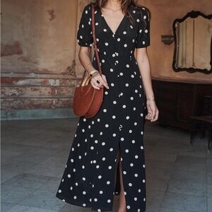 Sezane Sollie dress navy polka dot silk maxi
